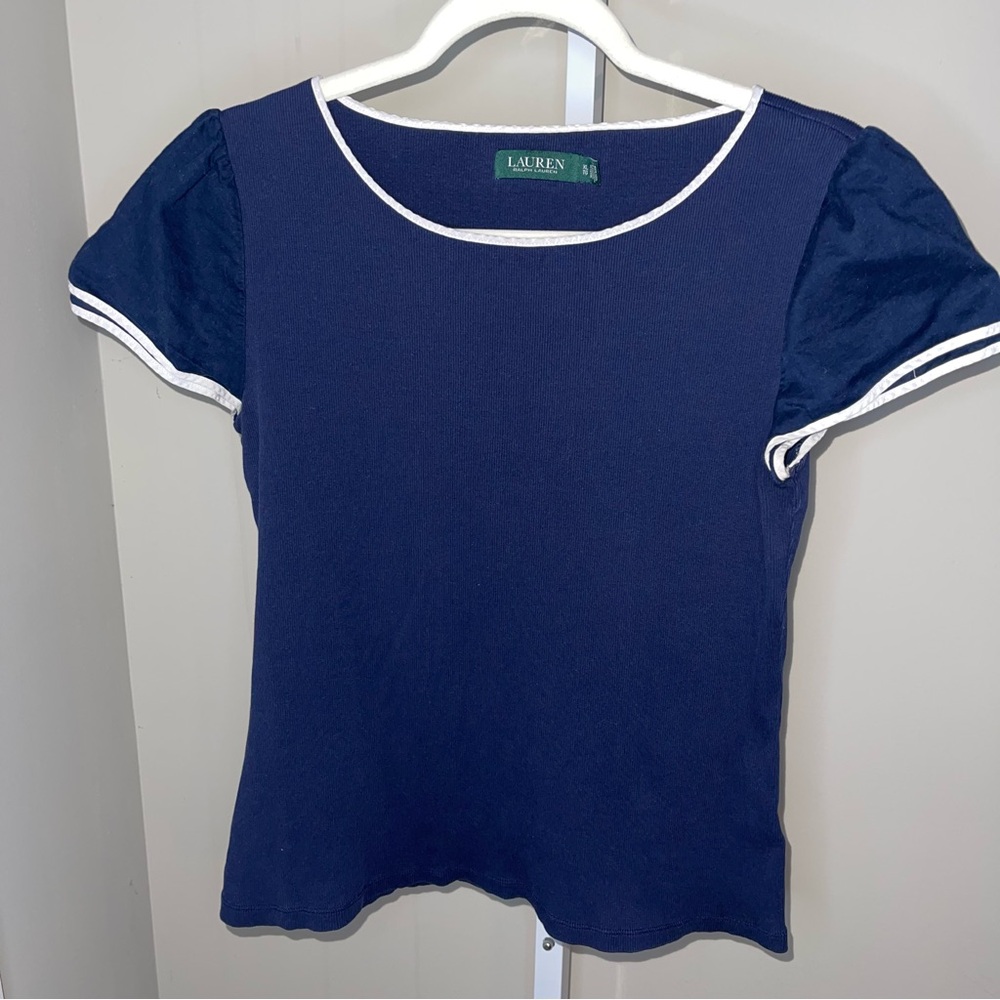 Lauren Ralph Lauren Navy Ribbed Puff Sleeve Top Size XL